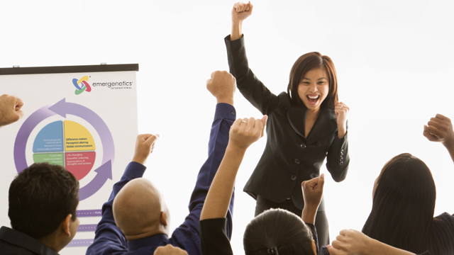 Girl raising hand for project success