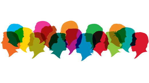 Many heads of different colors connect several people in a communication